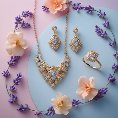 Lavender flowers and jewelry on blue background. Flat lay, top view.の素材