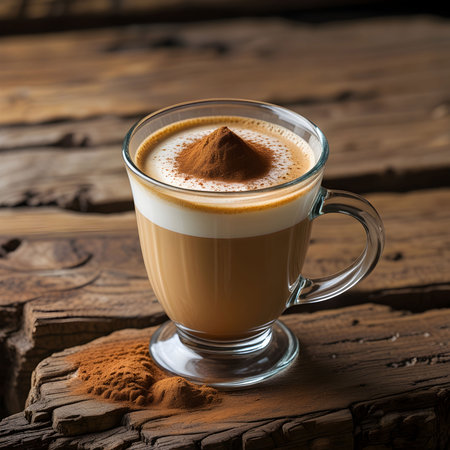 Cappuccino in a glass cup with cinnamon on wooden backgroundの素材