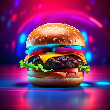 Hamburger in neon light, 3d rendering. Computer digital drawing.の素材