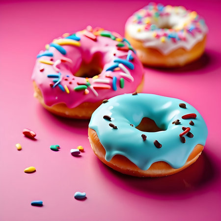 Colorful glazed donuts with sprinkles on a pink backgroundの素材