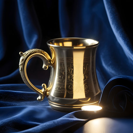 Golden cup of coffee on blue satin fabric background, close upの素材