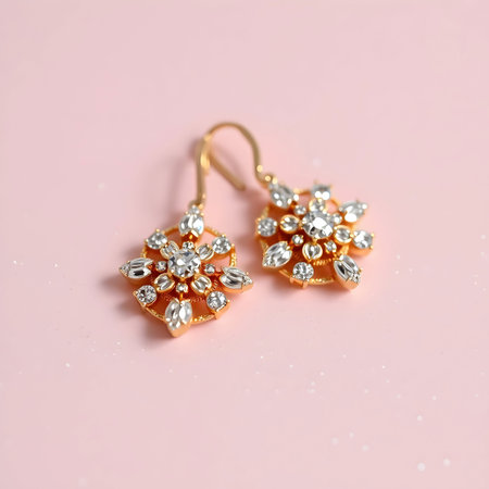 Gold earrings with diamonds on a pink background. Jewelry.の素材