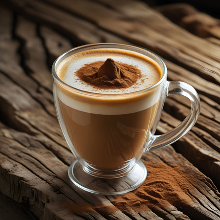 Cappuccino in a glass cup on the old wooden tableの素材