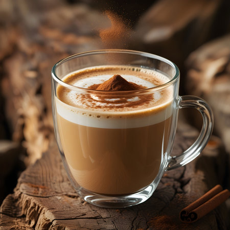 Cappuccino with cinnamon in a glass on the wooden backgroundの素材