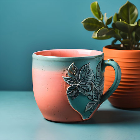 Porcelain cup on blue background with green plant in potの素材