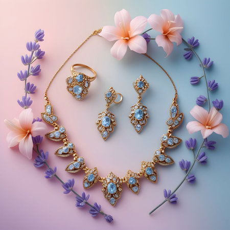Beautiful jewelry with flowers on blue background. Flat lay, top view.の素材