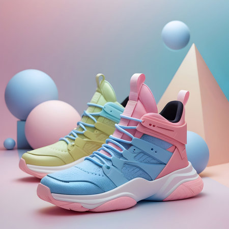 Sneakers and balls on a pastel background. 3d renderingの素材