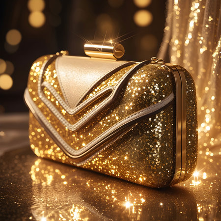 Luxury golden clutch on bokeh background, closeupの素材