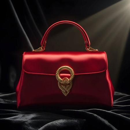 Red leather clutch on a black silk background. Fashionable concept.の素材