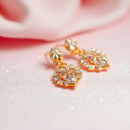 gold earrings with diamonds on a pink satin background close upの素材