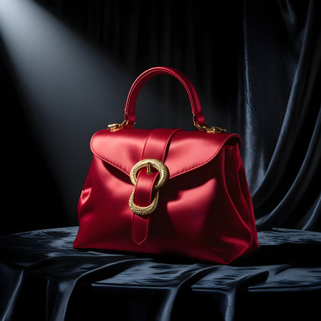 Red leather clutch on a black background with a spotlight. Fashion concept.の素材