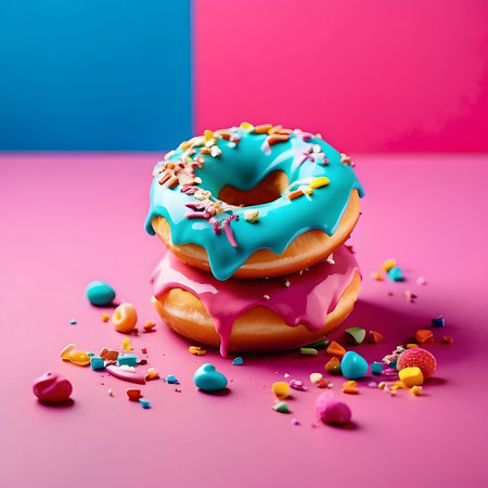 Colorful glazed donuts with sprinkles on pink and blue backgroundの素材