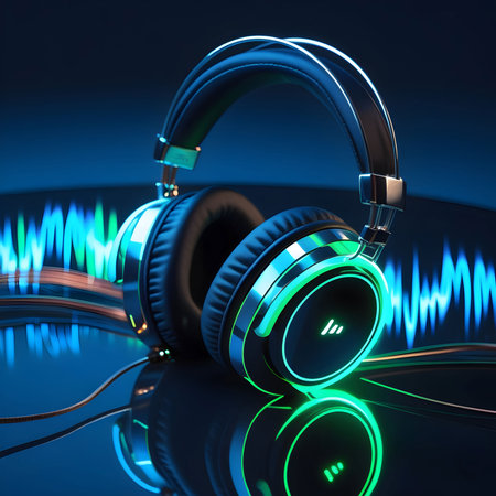 3d rendering of headphones on dark blue background. Music concept.の素材