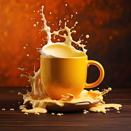 Cup of coffee with a splash of milk on a brown backgroundの素材