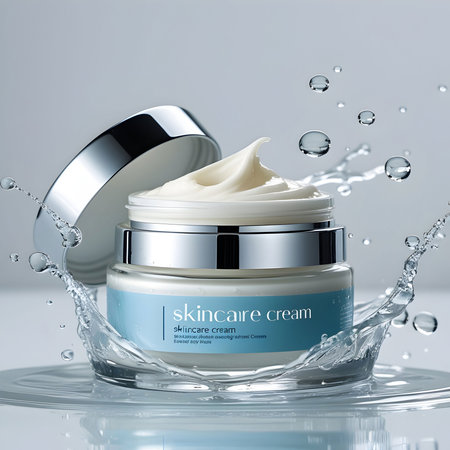 Cosmetic cream in a jar with splashes of water on a light backgroundの素材