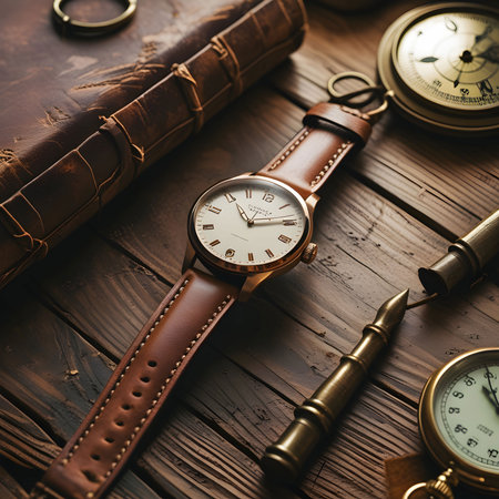 Wristwatch and accessories on a wooden background. Vintage style.の素材