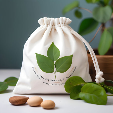 Eco friendly bag with green leaves and almonds. Zero waste conceptの素材