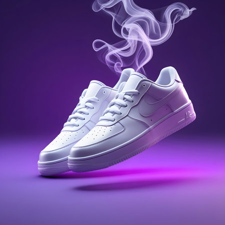 White sneakers with smoke on a purple background. 3d rendering.の素材