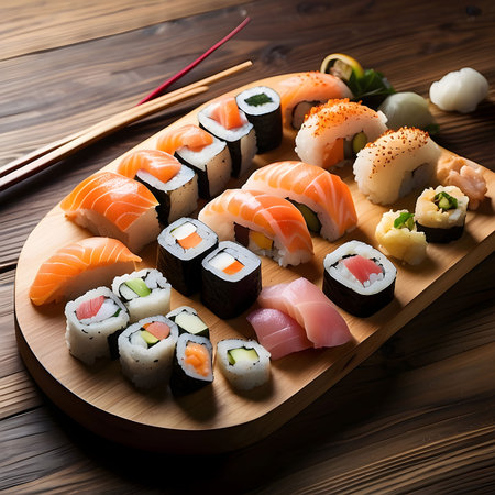 Sushi set on wooden background. Sushi rolls with salmon, tuna, caviar, cream cheese and wasabi.の素材