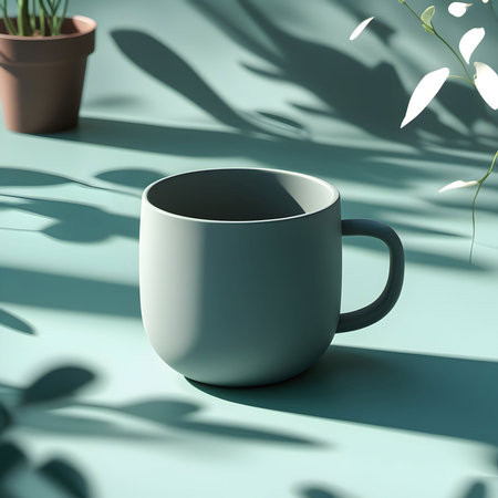 Coffee cup on blue background with shadows. 3d renderの素材