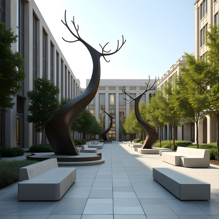 Sculpture of a tree in front of a modern office buildingの素材