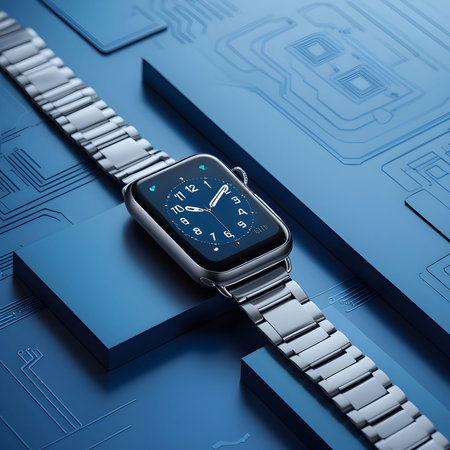 Smart watch with blue screen on blue background. 3d illustration.の素材