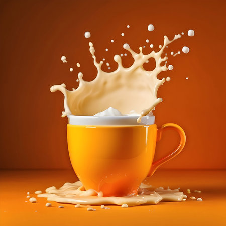 Cup of coffee with milk splash on orange background. 3d renderingの素材