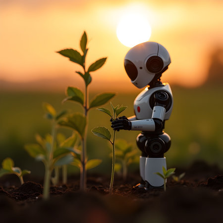 Robot holding a seedling in the morning light, artificial intelligence conceptの素材