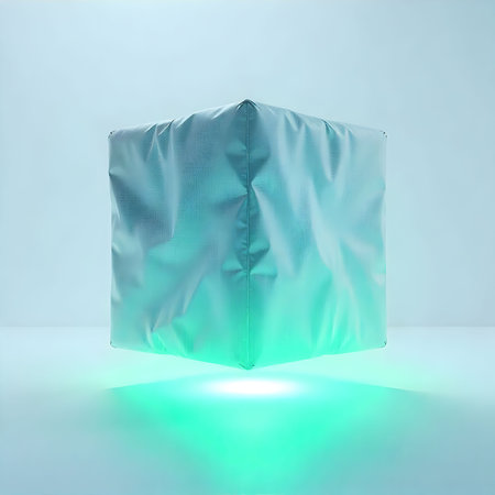 3d rendering of a gift box on a blue background with green lightの素材