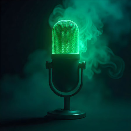 Microphone with smoke on a dark background. 3d rendering.の素材