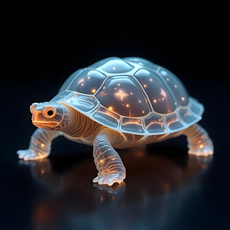 3d rendering of a turtle on a black background with blue lightの素材