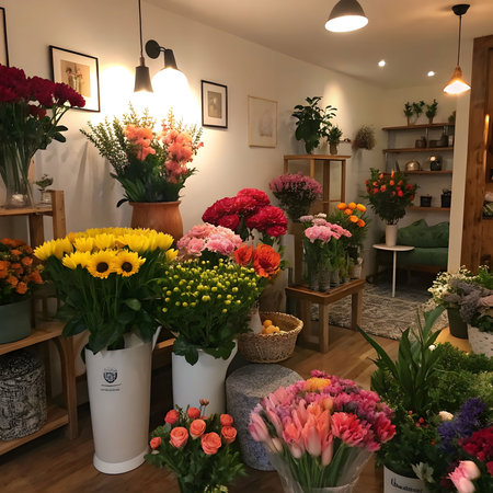 A beautifully decorated room filled with fresh flowers, creating a serene and fragrant atmosphere.の素材