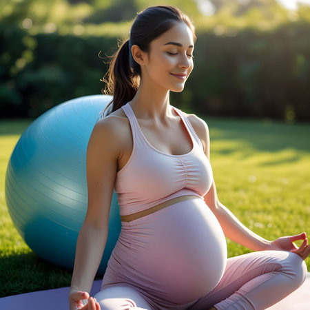 pregnant woman sitting on yoga mat and looking away in parkの素材