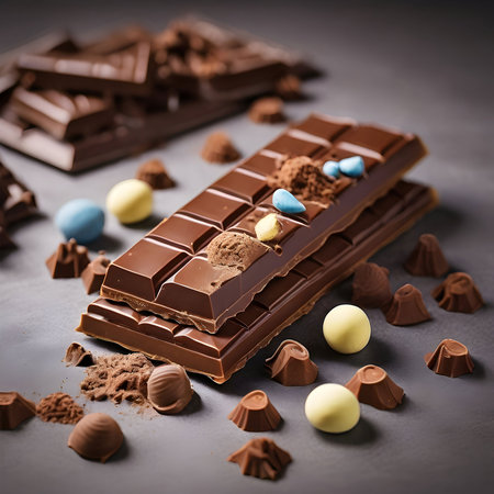 Chocolate bars and candies on dark background. Selective focus.の素材
