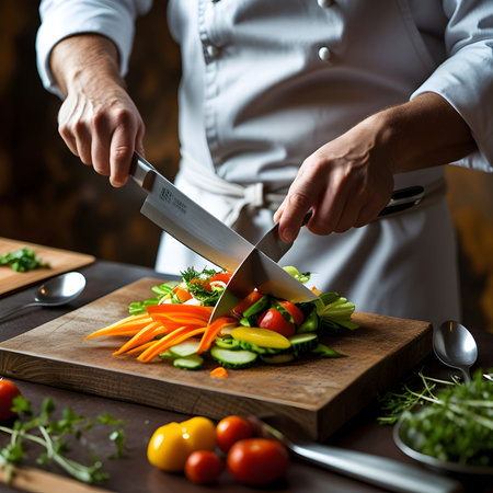 Chef cutting fresh vegetables on a wooden board in a restaurant kitchenの素材