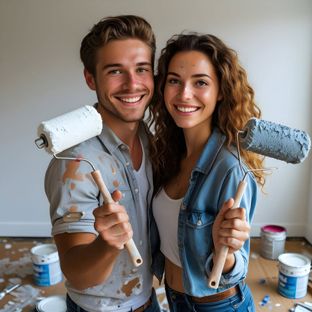 Portrait of happy young couple painting interior wall of new house.の素材