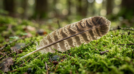 feather of a bird on a mossy ground in the forest