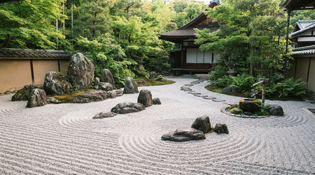 Japanese garden with stone path in Kyoto, Japan. Kyoto is the capital and largest city of Japan.