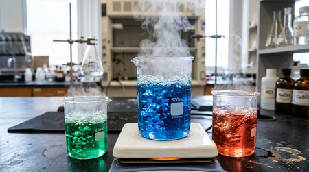 Laboratory glassware with blue, green and red liquid on the table