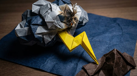 Paper origami bird on a blue napkin on a wooden table