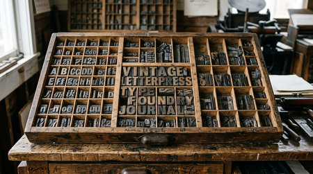 Vintage letterpress printing blocks in a shop window.