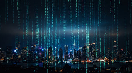 Digital binary code hologram over cityscape at night, 3D rendering