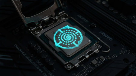 Close-up of a computer mainboard with circuit board and processor