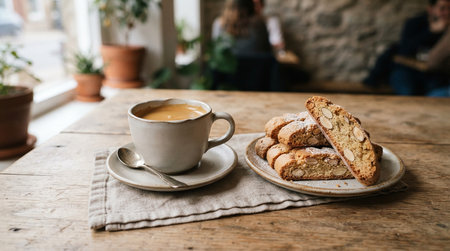 Cup of coffee and cookies on a wooden table in a cafe