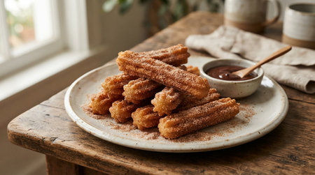 Churros with chocolate sauce on rustic wooden table, closeup