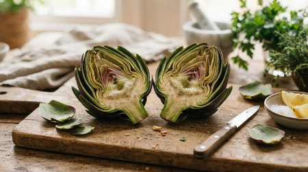Fresh artichokes on wooden cutting board. Healthy food concept.