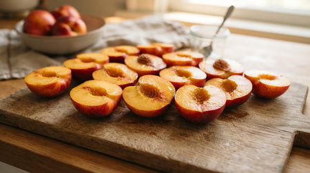 Ripe juicy peaches on a wooden cutting board in the kitchen