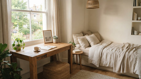 Interior of a modern bedroom with a cup of coffee, book, books and a wooden table