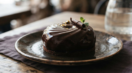 Chocolate cake with chocolate glaze on a plate on a wooden table