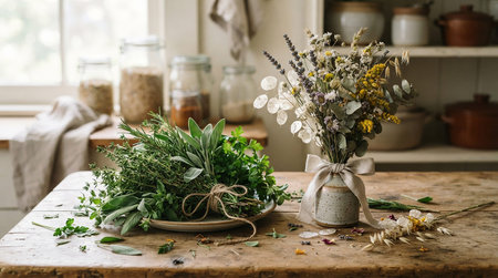 Bouquet of dried herbs on rustic wooden table in kitchen